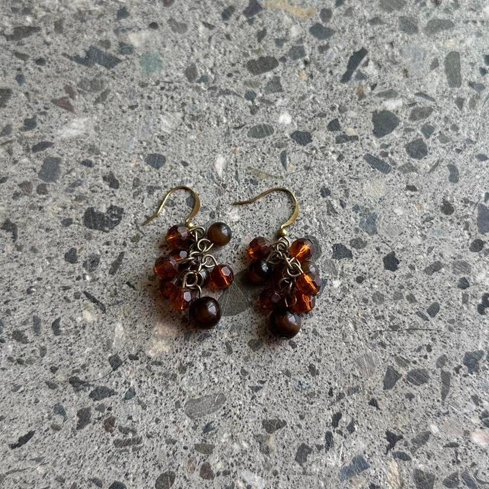 Women’s Earrings Brown Glass Boho Cluster Beads Dangle Bronze Brass Gold